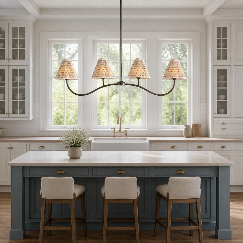 Mirelle French Country Style Pleated Floral Fabric Linear Four-Light Pendant Light