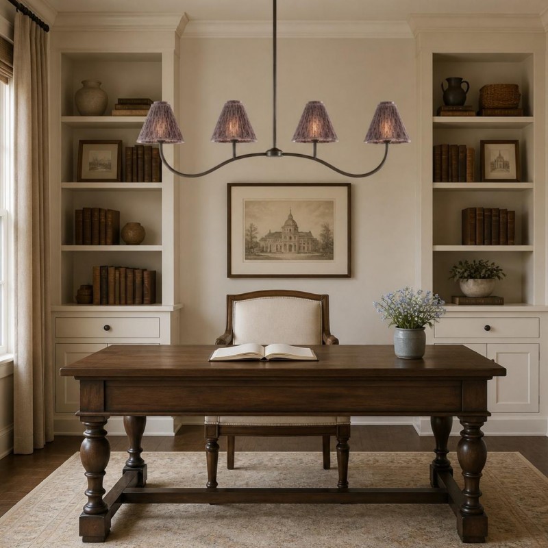 Mirelle French Country Style Pleated Floral Fabric Linear Four-Light Pendant Light