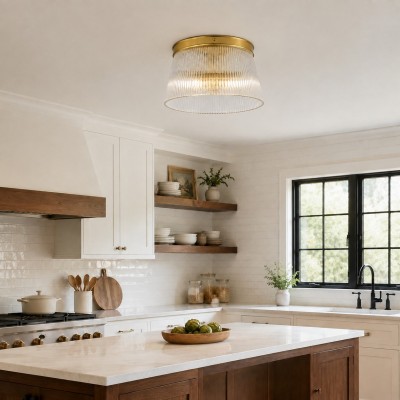 Lillian Farmhouse Ribbed Glass Drum Ceiling Light