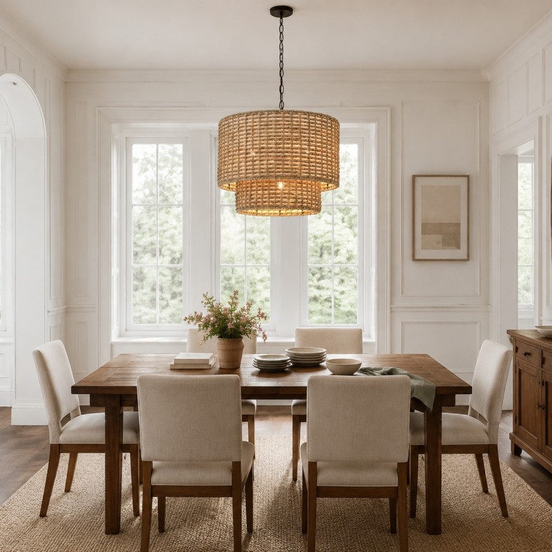 Harland Beachy Natural Rattan Double Drum Pendant Light