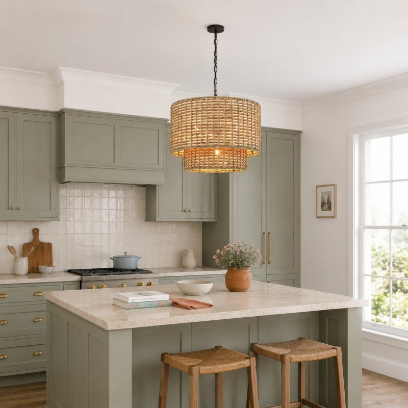 Harland Beachy Natural Rattan Double Drum Pendant Light