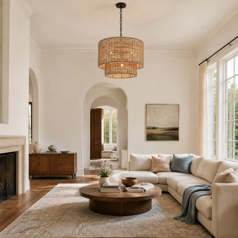Harland Beachy Natural Rattan Double Drum Pendant Light