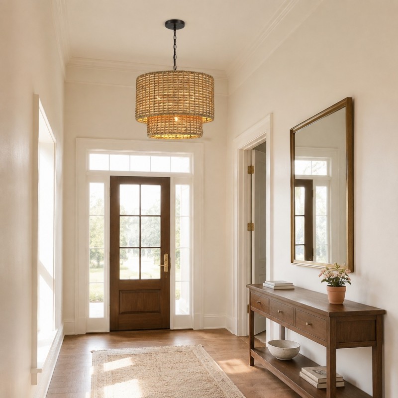 Harland Beachy Natural Rattan Double Drum Pendant Light