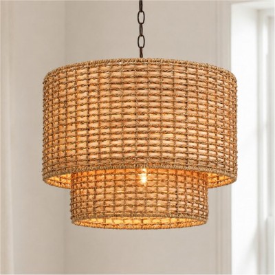 Harland Beachy Natural Rattan Double Drum Pendant Light