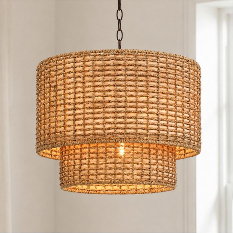 Harland Beachy Natural Rattan Double Drum Pendant Light