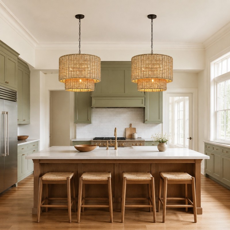 Harland Beachy Natural Rattan Double Drum Pendant Light