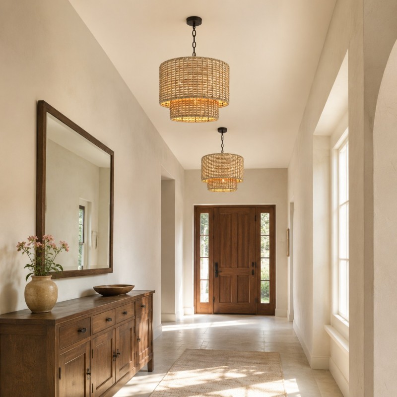 Harland Beachy Natural Rattan Double Drum Pendant Light