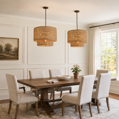 Harland Beachy Natural Rattan Double Drum Pendant Light