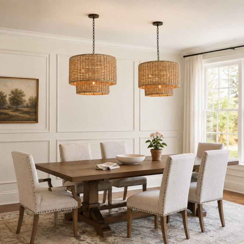 Harland Beachy Natural Rattan Double Drum Pendant Light