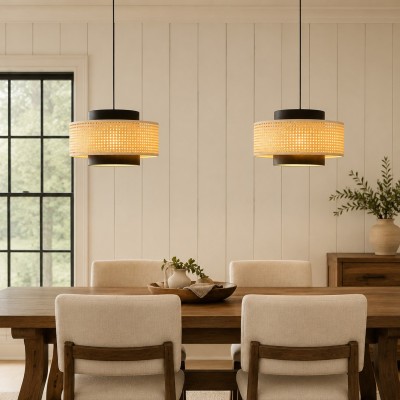 Nivara Rattan Linen Double Drum Pendant Light