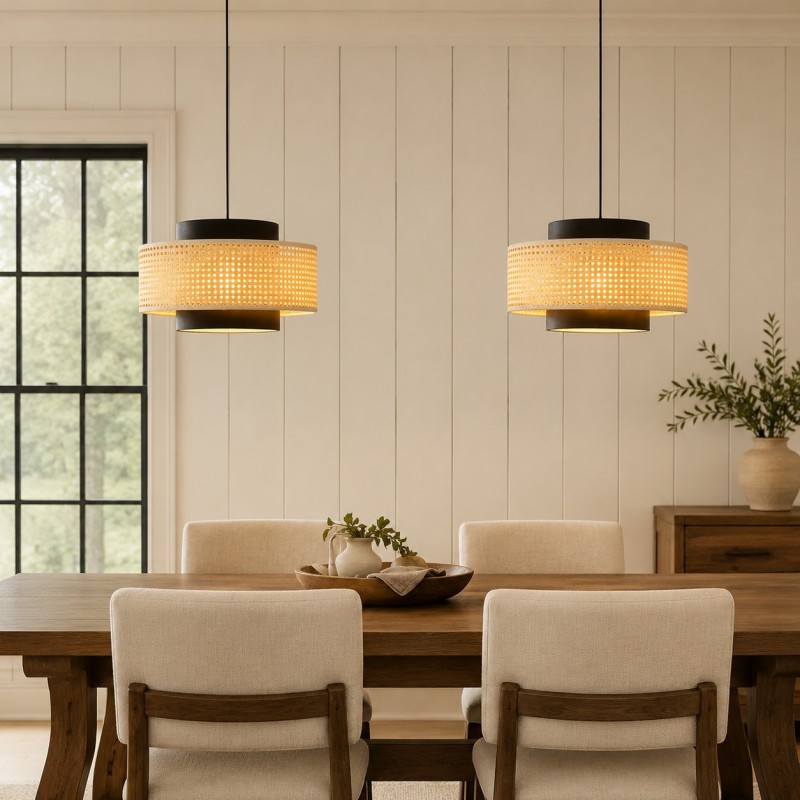 Nivara Rattan Linen Double Drum Pendant Light