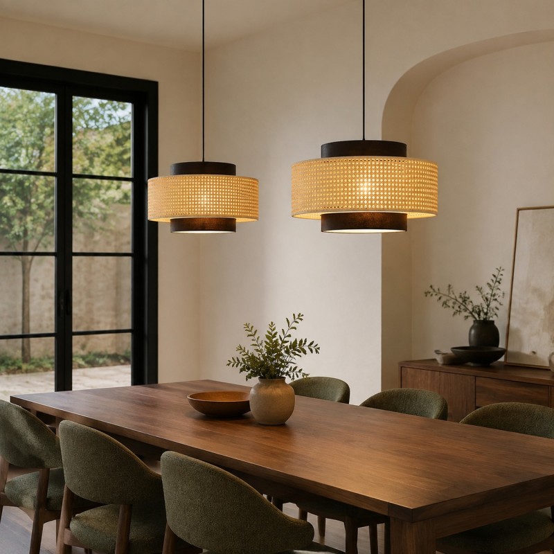 Nivara Rattan Linen Double Drum Pendant Light