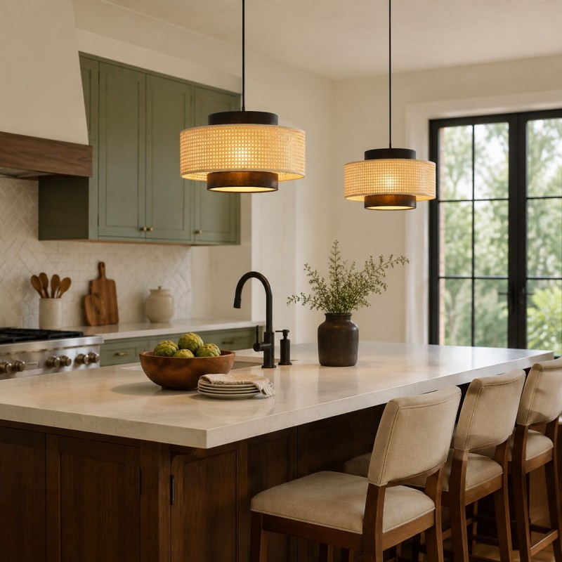 Nivara Rattan Linen Double Drum Pendant Light