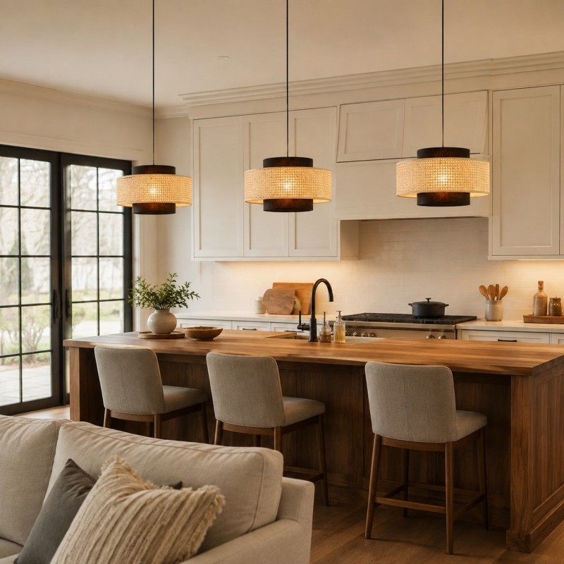Nivara Rattan Linen Double Drum Pendant Light