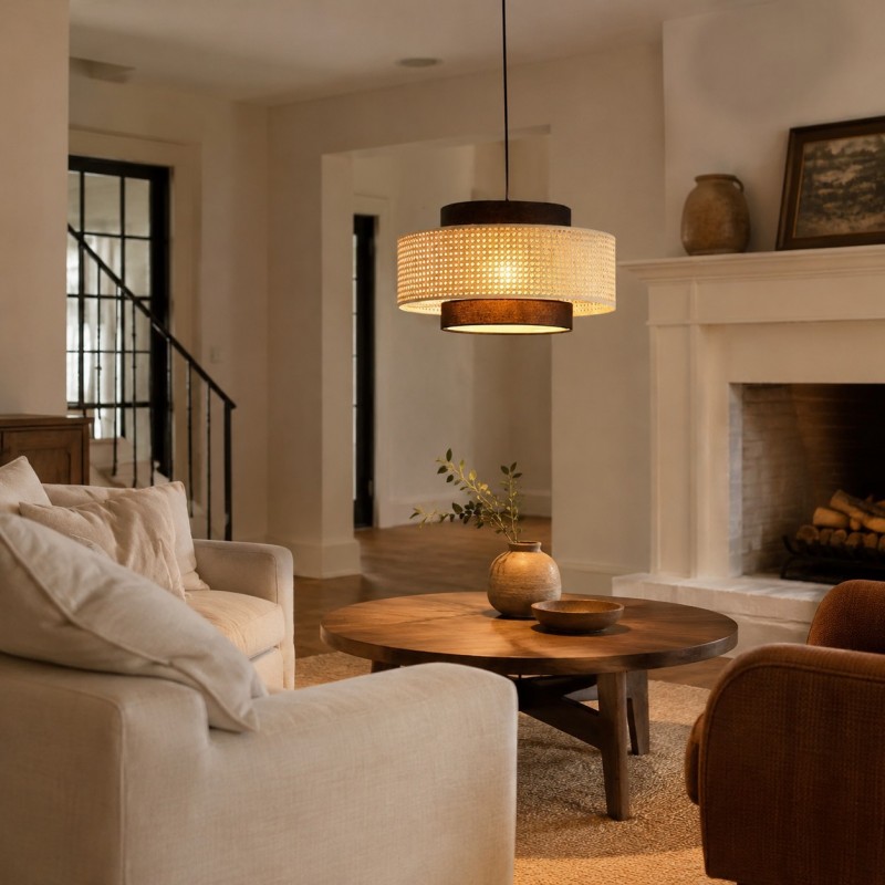 Nivara Rattan Linen Double Drum Pendant Light