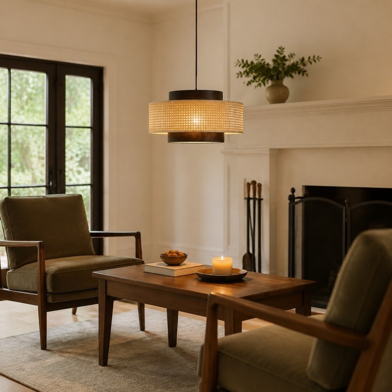 Nivara Rattan Linen Double Drum Pendant Light