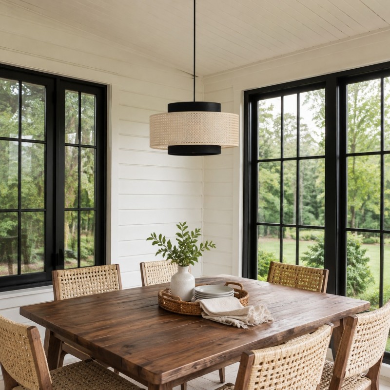 Nivara Rattan Linen Double Drum Pendant Light