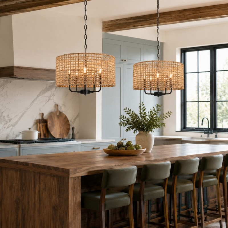 Arlo Bohemian 5 Light Natural Rattan Drum Chandelier