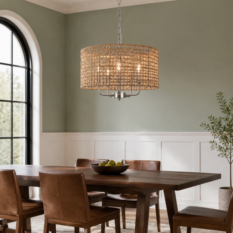 Arlo Bohemian 5 Light Natural Rattan Drum Chandelier