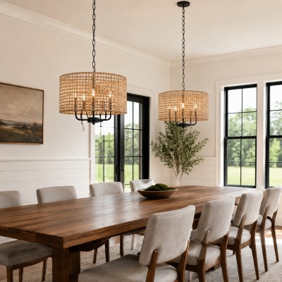 Arlo Bohemian 5 Light Natural Rattan Drum Chandelier