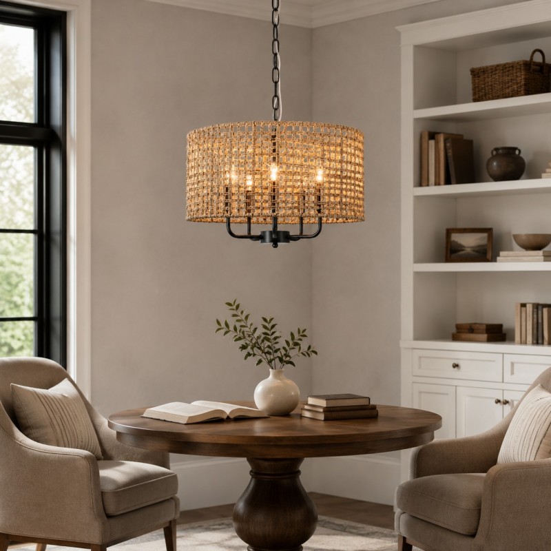 Arlo Bohemian 5 Light Natural Rattan Drum Chandelier