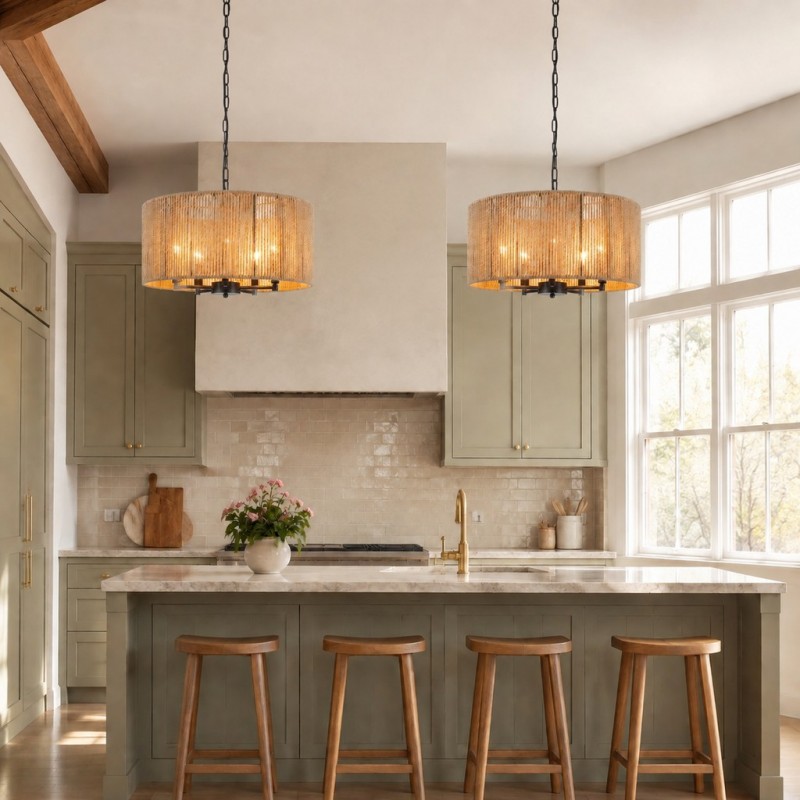 Haynes Rustic Rattan Dimmable Drum Pendant Light