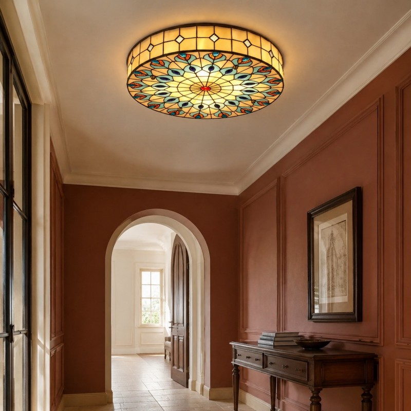 Eiridian Vintage Tiffany Stained Glass Flush Mount Ceiling Light