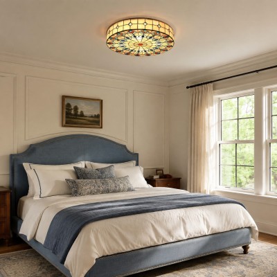 Eiridian Vintage Tiffany Stained Glass Flush Mount Ceiling Light