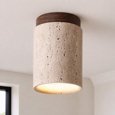 Hyrion Mini Wood And Stone Cylinder Travertine Ceiling Light