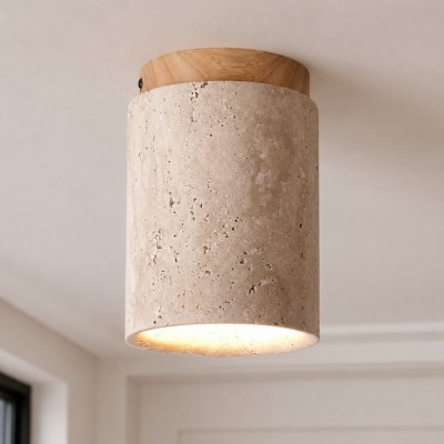 Hyrion Mini Wood And Stone Cylinder Travertine Ceiling Light