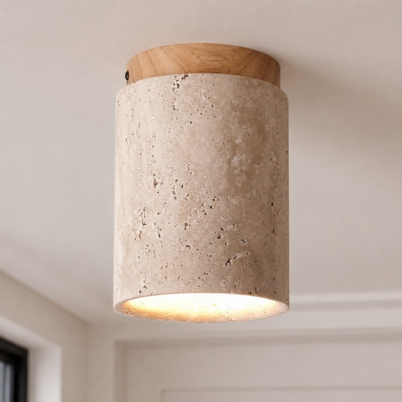 Hyrion Mini Wood And Stone Cylinder Travertine Ceiling Light