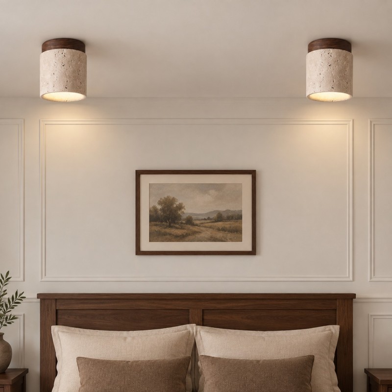 Hyrion Mini Wood And Stone Cylinder Travertine Ceiling Light