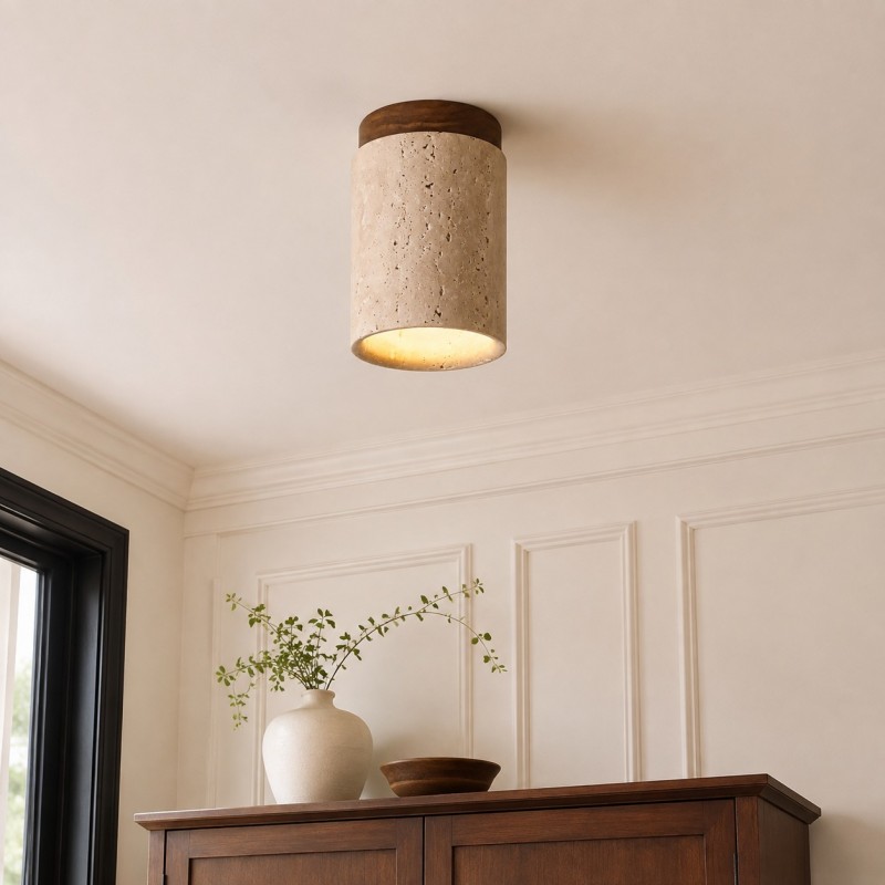 Hyrion Mini Wood And Stone Cylinder Travertine Ceiling Light