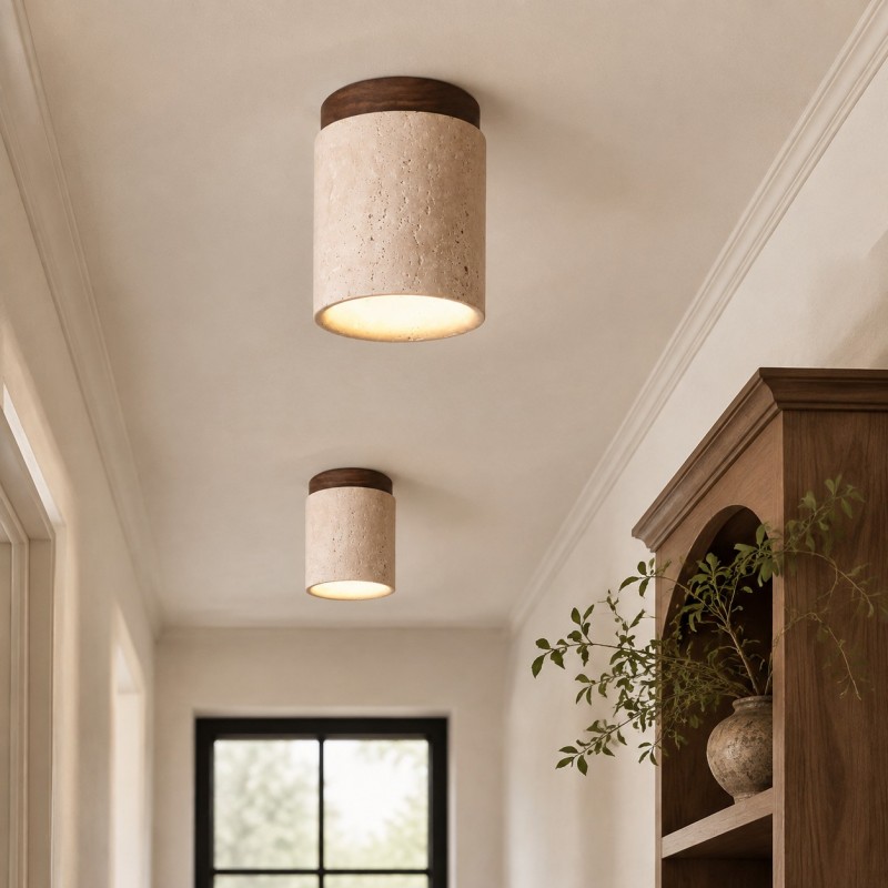 Hyrion Mini Wood And Stone Cylinder Travertine Ceiling Light