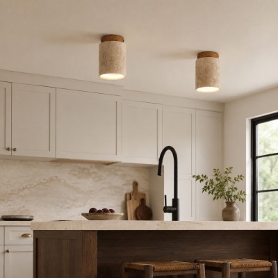 Hyrion Mini Wood And Stone Cylinder Travertine Ceiling Light
