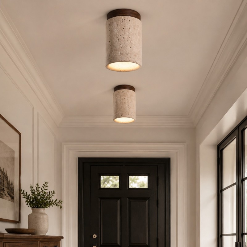 Hyrion Mini Wood And Stone Cylinder Travertine Ceiling Light
