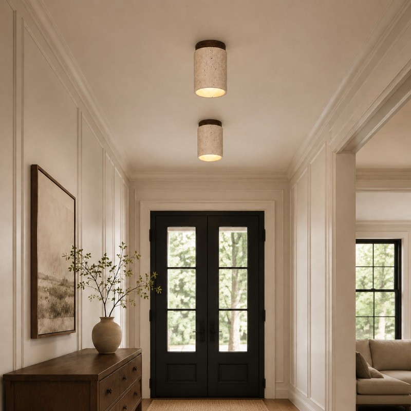 Hyrion Mini Wood And Stone Cylinder Travertine Ceiling Light