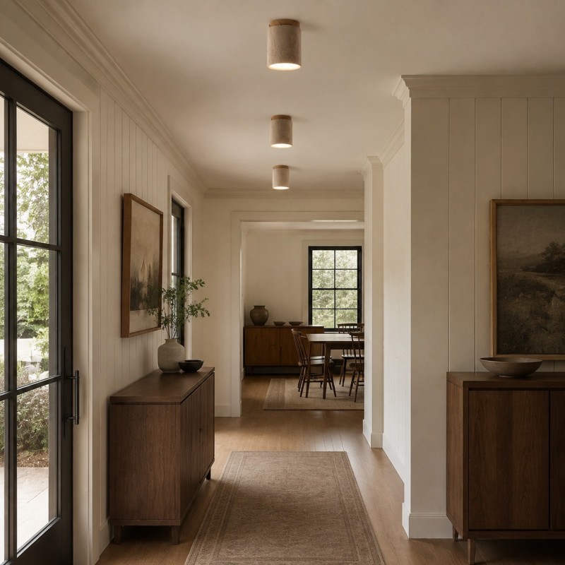 Hyrion Mini Wood And Stone Cylinder Travertine Ceiling Light