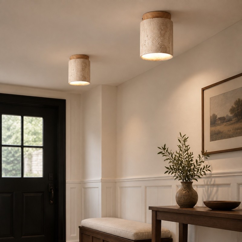 Hyrion Mini Wood And Stone Cylinder Travertine Ceiling Light