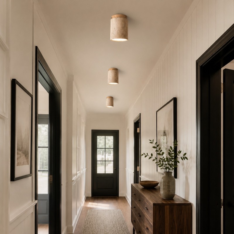 Hyrion Mini Wood And Stone Cylinder Travertine Ceiling Light