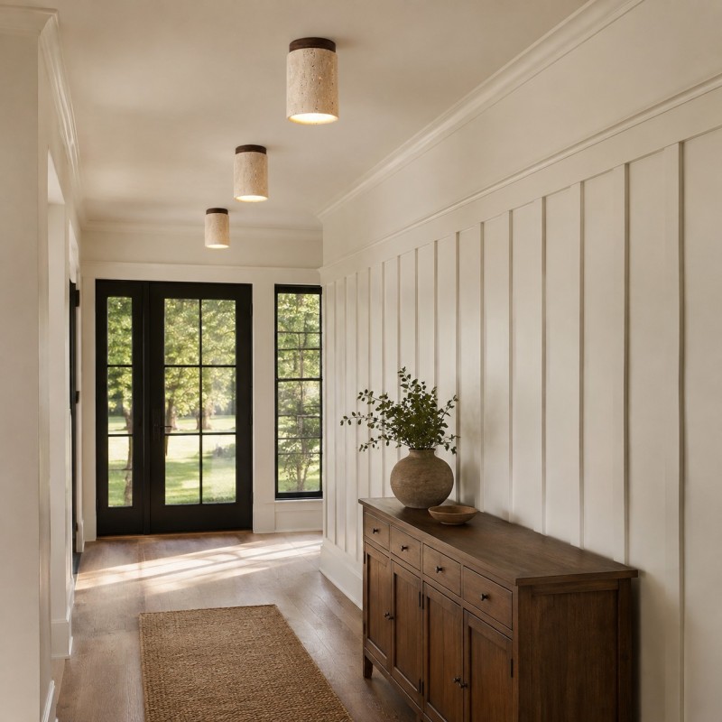 Hyrion Mini Wood And Stone Cylinder Travertine Ceiling Light