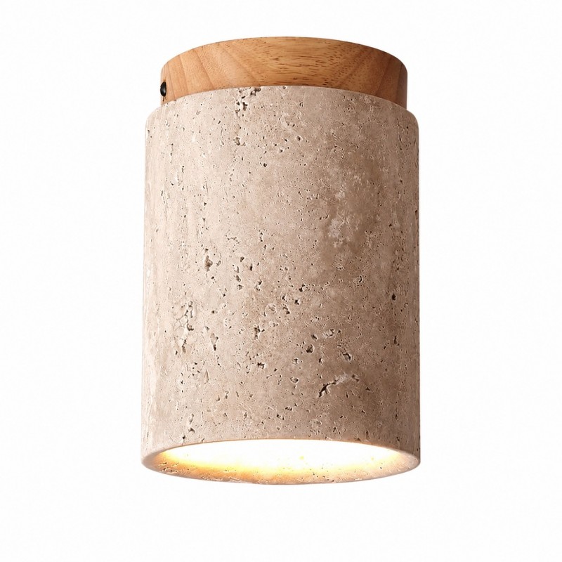 Hyrion Mini Wood And Stone Cylinder Travertine Ceiling Light