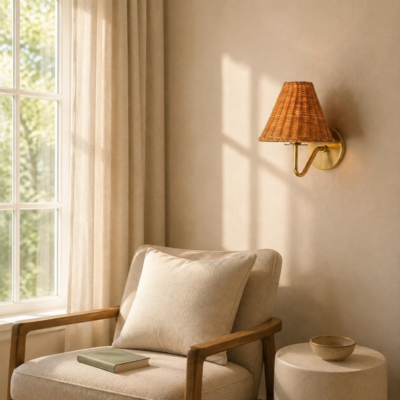 Betty Natural Rattan Cone Brass Wall Sconce