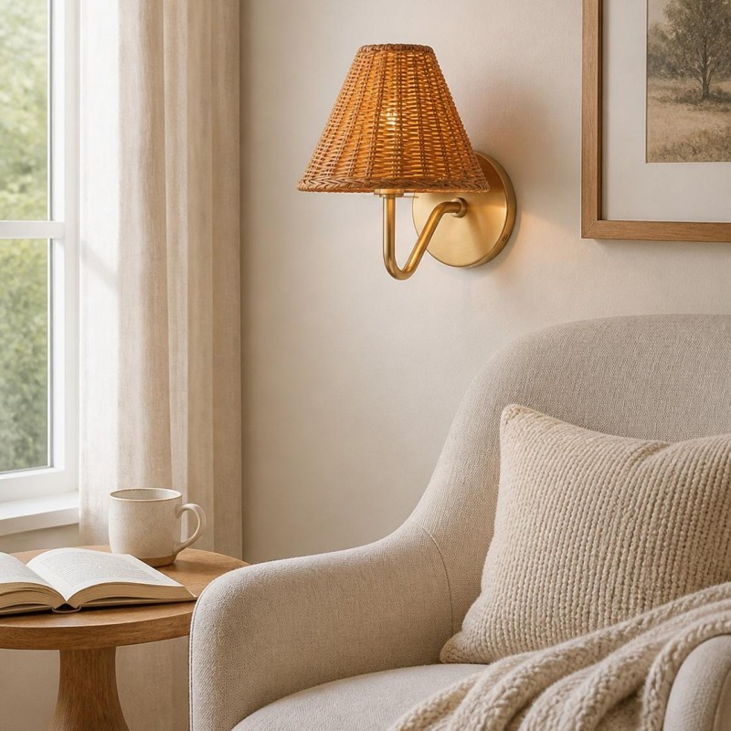 Betty Natural Rattan Cone Brass Wall Sconce