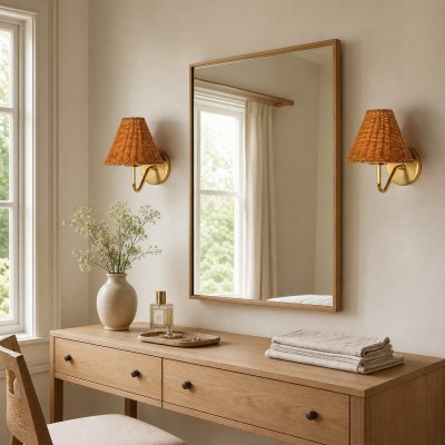 Betty Natural Rattan Cone Brass Wall Sconce