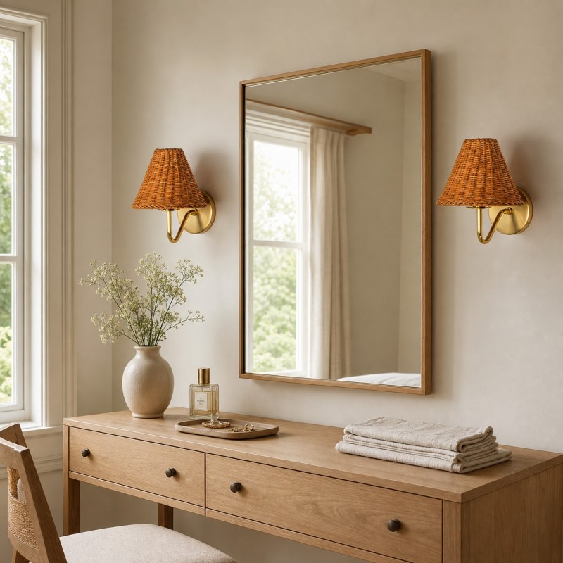 Betty Natural Rattan Cone Brass Wall Sconce