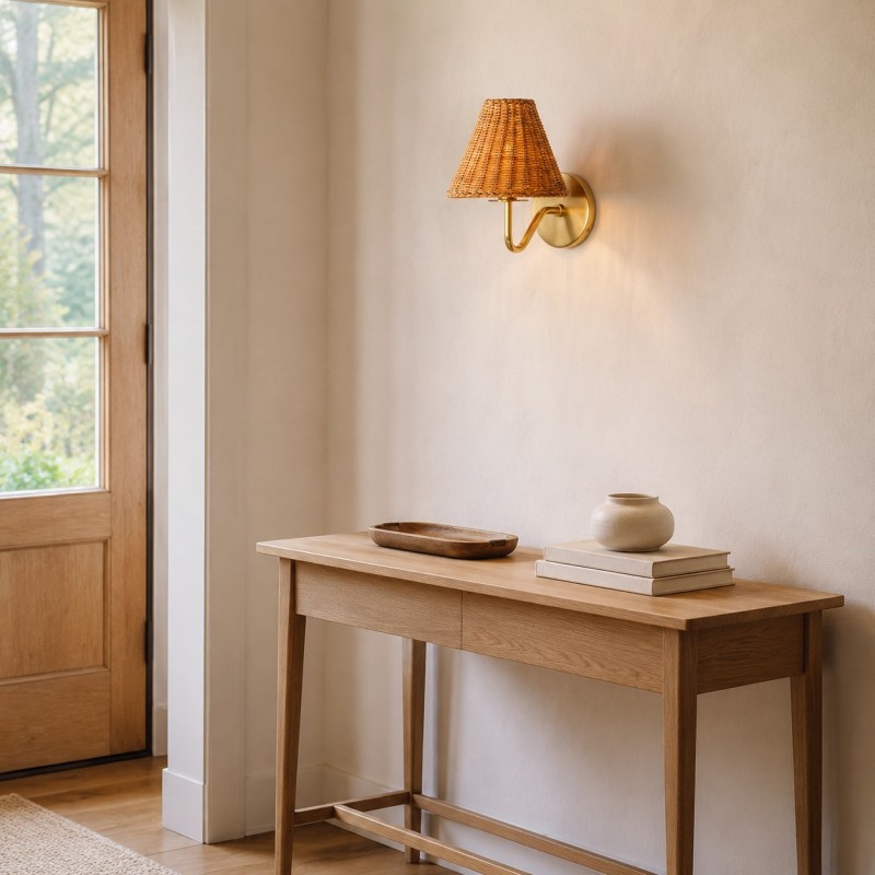 Betty Natural Rattan Cone Brass Wall Sconce