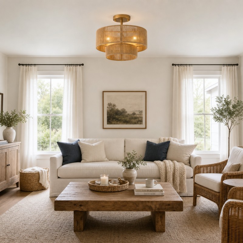 Ivon Handwoven Jute Rope Double Drum Ceiling Light