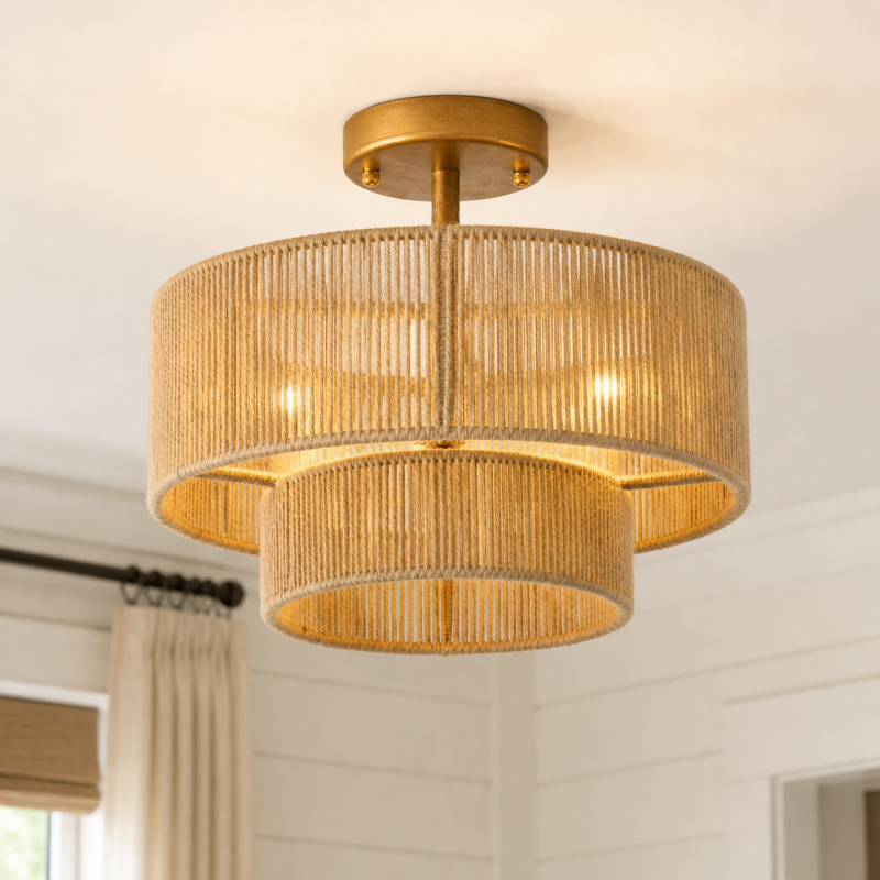 Ivon Handwoven Jute Rope Double Drum Ceiling Light
