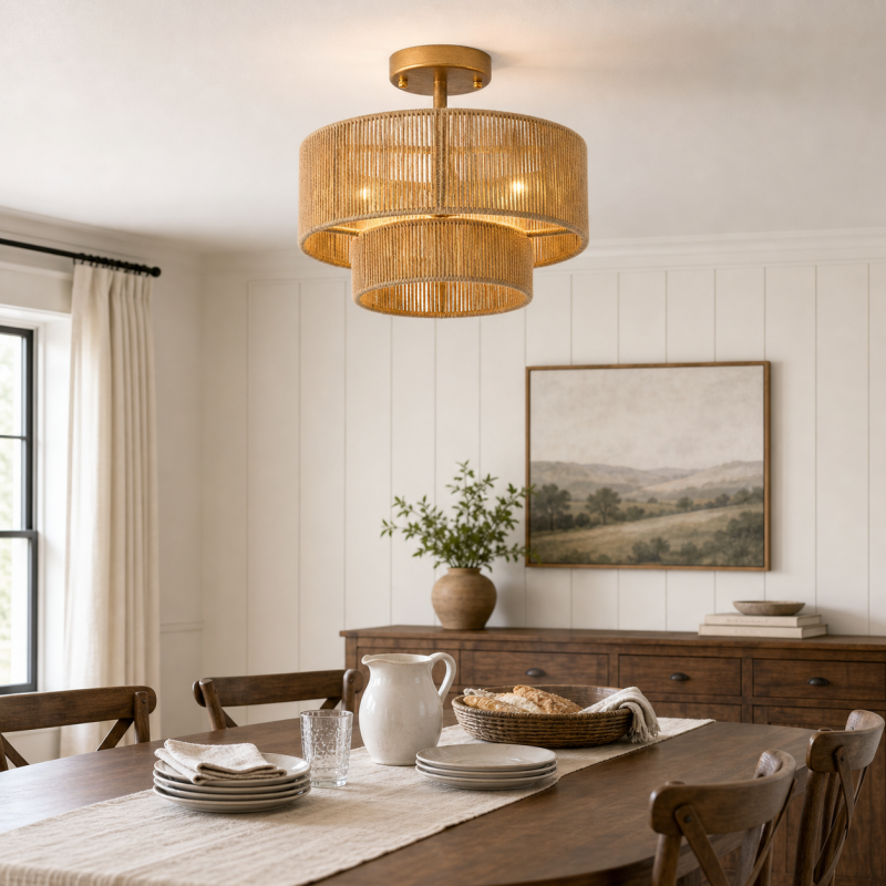 Ivon Handwoven Jute Rope Double Drum Ceiling Light